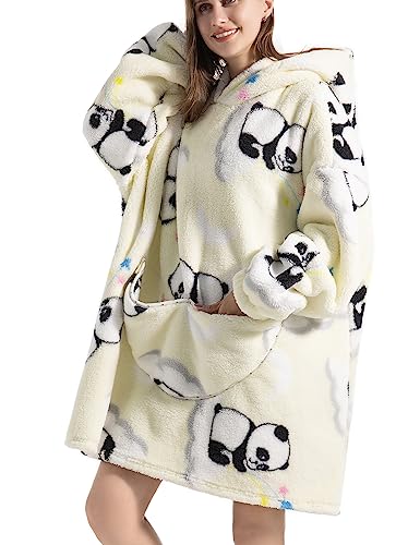 JOJJJOJ Übergroße Hoodie-Decke mit riesiger Tasche Bequeme Sherpa Fleece Decke Kapuzenpullover warmes Sweatshirt Bademantel für Damen Herren Teenager Geschenk(Weißer Panda) von JOJJJOJ