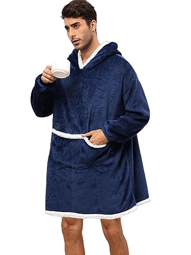JOJJJOJ Übergroßer Sherpa-Kapuzenpullover, tragbare Decke, Kapuzen-Sweatshirt, weich, warm, bequem, Vordertasche für Männer, Frauen, Teenager, navy, One size von JOJJJOJ