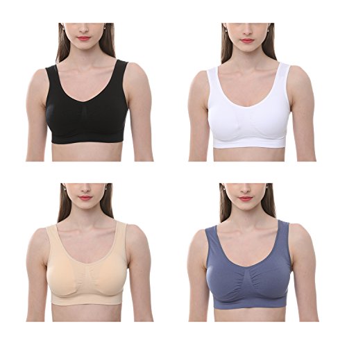 JOJOANS 4er-Pack BH Bralette Die ultimative Komfort-BH gepolstert-Nahtlose Unterstützung Komfort Sport Stretch Aktion Freizeit Hochwertige Unterwäsche, Black White Nude Light-blue, S von JOJOANS