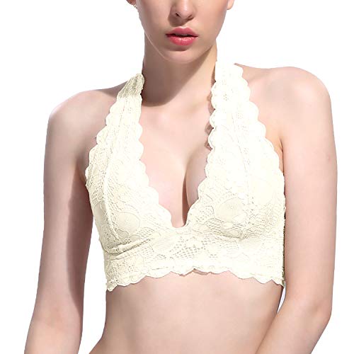 JOJOANS Damen Blumen BH Spitze Halfter Bralette un-Gepolstert Mesh gefüttert V-Ausschnitt Jeden Tag BHS Top für Frauen,M,Creme Weiß von JOJOANS