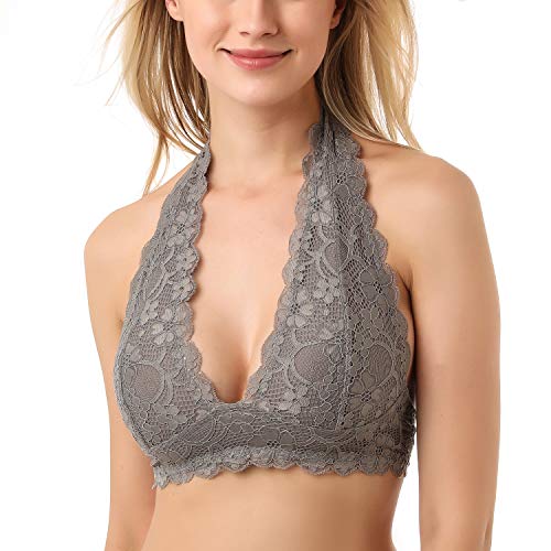 JOJOANS Damen Blumen BH Spitze Halfter Bralette un-Gepolstert Mesh gefüttert V-Ausschnitt Jeden Tag BHS Top für Frauen,M,Grau von JOJOANS