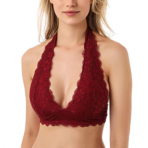 JOJOANS Damen Blumen BH Spitze Halfter Bralette un-Gepolstert Mesh gefüttert V-Ausschnitt Jeden Tag BHS Top für Frauen,XL,Purple-red von JOJOANS