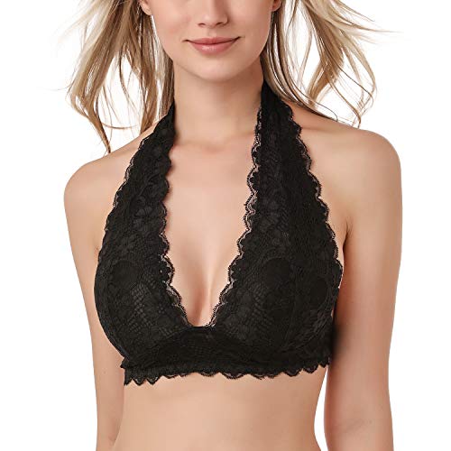 JOJOANS Damen Blumen BH Spitze Halfter Bralette un-Gepolstert Mesh gefüttert V-Ausschnitt Jeden Tag BHS Top für Frauen,XL,Schwarz von JOJOANS