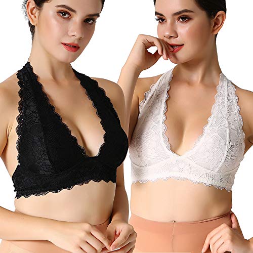 Floral Lace Neckholder Bra Bralette Top Hook and Eye Closure Back Unpadded Wirefree Lace Bra - - small von JOJOANS