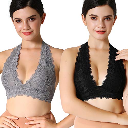 Floral Lace Neckholder Bra Bralette Top Hook and Eye Closure Back Unpadded Wirefree Lace Bra - - small von JOJOANS