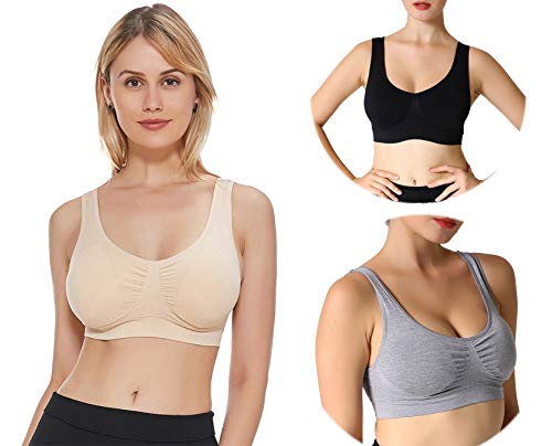 JOJOANS 3er Pack Sports BH Bralette Die ultimative Komfort-BH gepolstert Nahtlose Stretch Action Freizeit hochwertige Unterwäsche (Hautfarben+Schwarz+Licht Grau, M) von JOJOANS