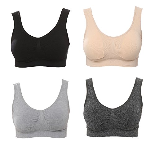 JOJOANS 4er-Pack BH Bralette Die ultimative Komfort-BH gepolstert-Nahtlose Unterstützung Komfort Sport Stretch Aktion Freizeit Hochwertige Unterwäsche, Black Nude Light-grey Dark-grey, 3XL von JOJOANS