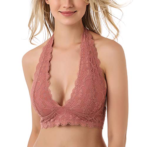 JOJOANS Damen Blumen BH Spitze Halfter Bralette un-Gepolstert Mesh gefüttert V-Ausschnitt Jeden Tag BHS Top für Frauen,S,Copper-red von JOJOANS