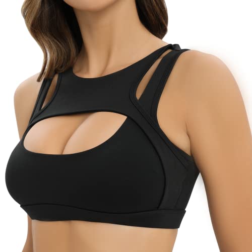 JOJOANS Push-Up-Sport-BH für Damen, gepolstert, sexy, hohl, Yoga-BH, Ausschnitt, Workout, bauchfreies Top, mittlere Unterstützung, Schwarz , Large von JOJOANS