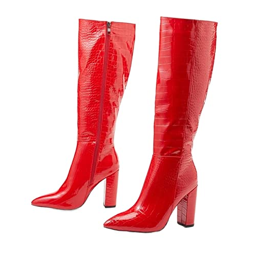 Hochwertige Schwarze Kniehohe Stiefel Damen Reißverschlussstiefel Schuhe quadratische High Heels spitz(Red with Zipper,39EU) von JOJOJ