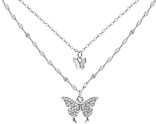 JOKBEN Kette Damen Sterling Silber Glänzende Schmetterling Quaste Weibliche Doppelschicht Anhänger Schlüsselbein Halskette Hochzeit Party Schmuck (Silbrig) von JOKBEN