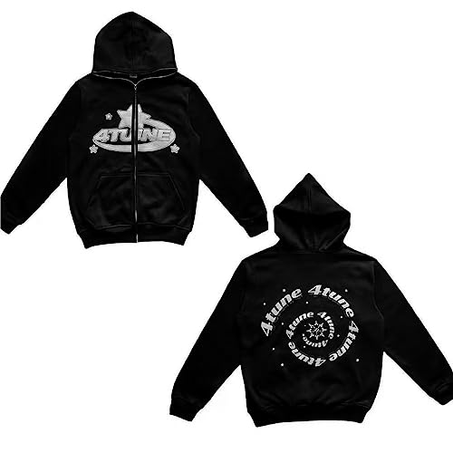 JOKBEN Sweatshirt Jacke Hoodies Y2K 4Tune Harajuku für Paare Vintage Kapuzenjacke Unisex Sweatjacke mit Kapuze Kleidung Full Zip Hoodie Langarm Gothic Streetwear, Schwarz von JOKBEN