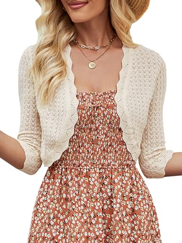 JOKELAMB Damen Bolero Shrug 3/4 Ärmel Cropped Cardigan Strickpullover Open Front Casual Elegant Jacke für Kleider, 3/4-Ärmel - Aprikose (empfohlen eine Nummer größer zu kaufen), Medium von JOKELAMB