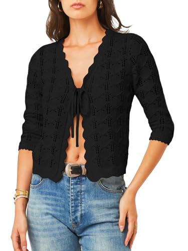 JOKELAMB Damen Bolero Shrug 3/4 Ärmel Cropped Cardigan Tie Front Shrug Sweaters Casual Jacke für Kleider, Schwarz, Medium von JOKELAMB