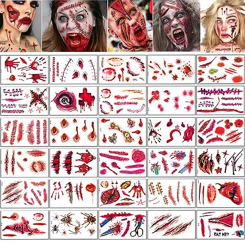 180 Stück Halloween Temporäre Tattoo Aufkleber, Temporäre Tattoos, Wasserdicht Spinnen Narben Kratzer Horror Mund Aufkleber, Vampir Kostüm Accessoires für Kinder Erwachsener Makeup Party Requisiten von JOKILY