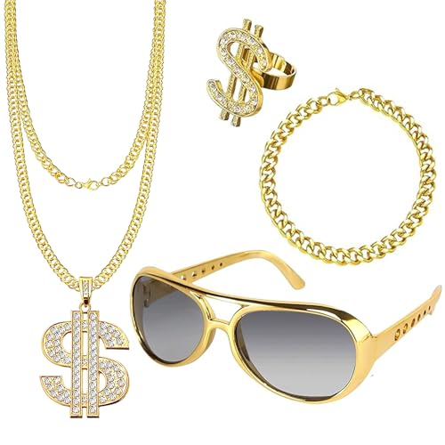 JOKILY 4 Stück Dollar Kette Set, Zuhälter Kostüm, 80er 90er Jahre Outfit Herren Hip Hop Kostüm Goldkette Herren Sonnenbrille Goldene Dollar Kette Ring für Karneval Fasching Mottoparty Foto Requisiten von JOKILY