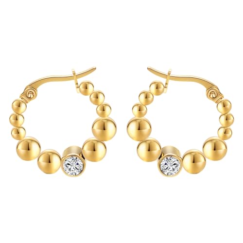 JOLCHIF Bead Creolen Ohrringe Damen 14K Vergoldet Zirkonia Ohrring Perlenbesetzte Creolen Gold Schmuck von JOLCHIF