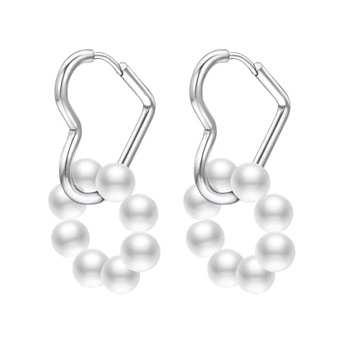 JOLCHIF Creolen mit Anhänger Hängende Ohrringe Perlen 14k Weissgold Plattiert Herz Creolen Mit Anhänger Ohrringe Schmuck Für Damen von JOLCHIF