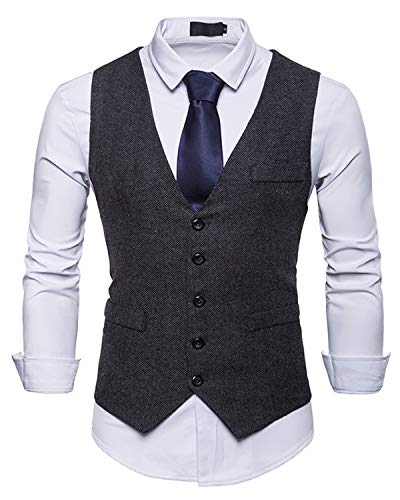 JOLIME Herren Westen Tweed Retro Anzugweste Business Hochzeit Freizeit Ärmellose Smoking Sakko Schwarz L von JOLIME