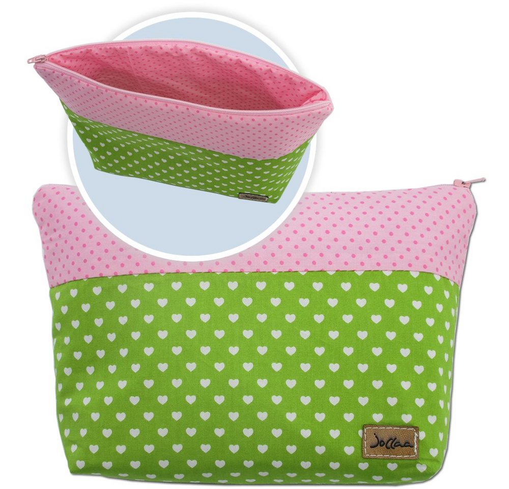 JOLLAA Kulturbeutel Herz Pink Grün, Windelbeutel, Wickeltasche, Reisebeutel, Kulturtasche von JOLLAA