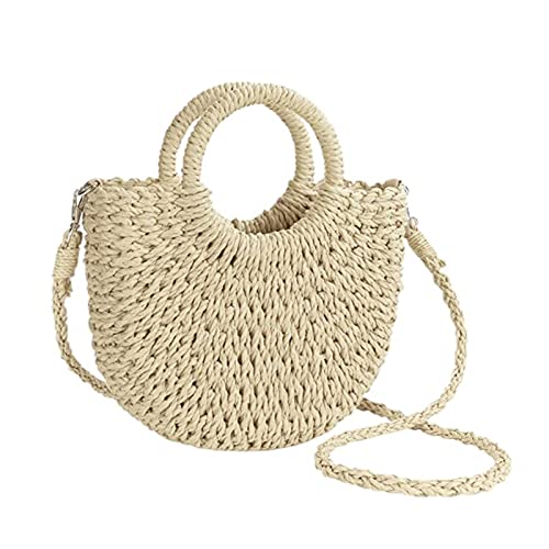 JOLLQUE Stroh Strandtasche für Frauen, Sommer handgewebte Mini Umhängetasche Geldbörse mit Quaste, Top Griff Stroh Handtasche Clutch (Beige) von JOLLQUE