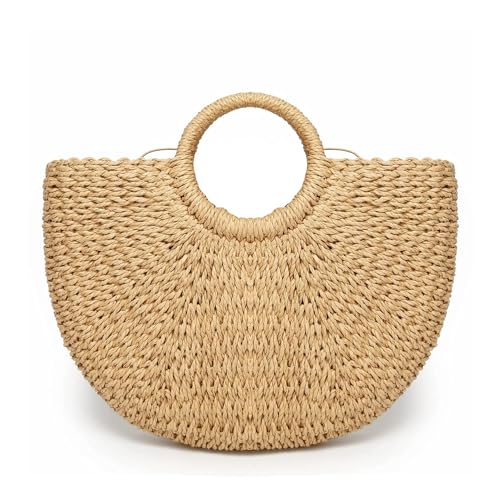 JOLLQUE Stroh Strandtasche für Frauen, Sommer handgewebte Tote Bags Geldbörse mit Quaste, Top Griff Stroh Handtasche Clutch(Khaki L) von JOLLQUE