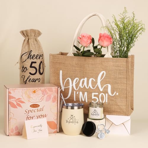 JOLYKAKI Geschenke zum 50. Geburtstag für Frauen, 50 Geburtstagsgeschenkideen für sie, 50 Jahre alte Geschenkkörbe, beste 50 fabelhafte 1975 Geburtstagsgeschenke Korb für Mutter, Schwester, Freundin von JOLYKAKI