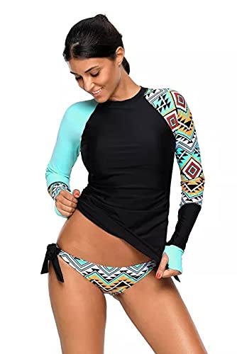 2 langärmelige Rashguard Badeanzüge Farbblock Tankini Sets Damen Langarm Rash Vest UV Rashguard Badeanzug Gr. L, hellblau von JOMAE-Shop