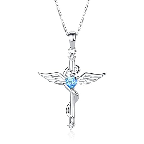 Halskette für Damen aus 925er Silber – Medizinisches Kreuz mit Engelsflügel und blauem Zirkonia – inspiriert vom Asklepiumstab – eleganter Schmuck aus Weißgold – Geschenk für Gesundheitsfachkräfte Halskette für Damen aus 925er Silber – Medizinisches Kreuz mit Engelsflügel und blauem Zirkonia – inspiriert vom Asklepiumstab – eleganter Schmuck aus Weißgold – Geschenk für Gesundheitsfachkräfte von JOME