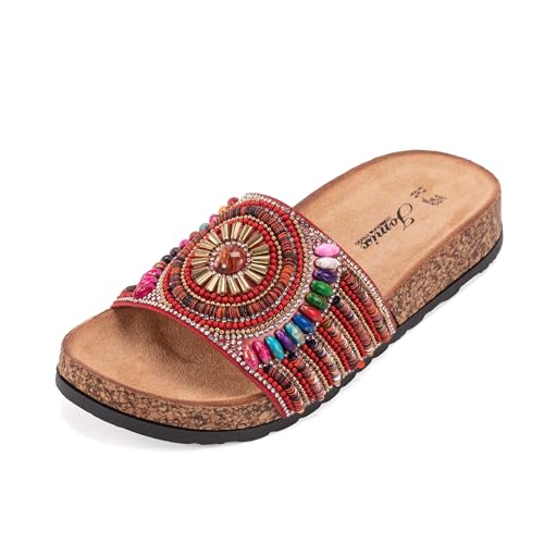 JOMIX Clogs Damen Bunte Pantoletten Sommer Sandalen mit Strass Perlen Strand Sandaletten Kork Sommerschuhe Bohemia Strandsandalen (Rot, 40EU, WCF250322) von JOMIX