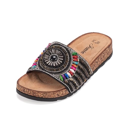 JOMIX Clogs Damen Bunte Pantoletten Sommer Sandalen mit Strass Perlen Strand Sandaletten Kork Sommerschuhe Bohemia Strandsandalen (Schwarz, 37EU, WCF250322) von JOMIX