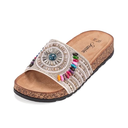 JOMIX Clogs Damen Bunte Pantoletten Sommer Sandalen mit Strass Perlen Strand Sandaletten Kork Sommerschuhe Bohemia Strandsandalen (Weiß, 39EU, WCF250322) von JOMIX