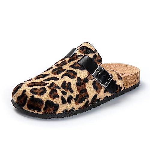 JOMIX Clogs Damen Pantoletten Bequeme Hausschuhe Elegant Geschlossen Sommer Gartenschuhe mit Kork Fußbett (Leopard, 36 EU) von JOMIX