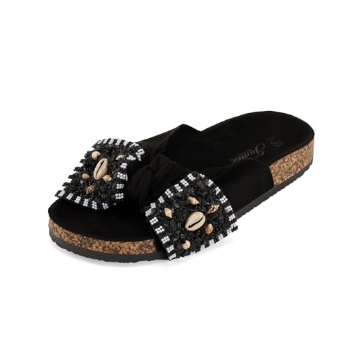 JOMIX Clogs Damen Pantoletten Muscheln Sandalen mit Perlen Fliege Strand Sandaletten Bequem Kork Strandsandalen (Schwarz, 40EU, WCF250213) von JOMIX