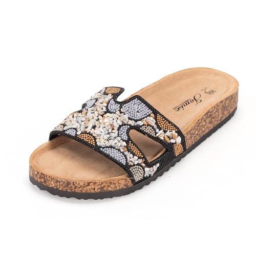 JOMIX Clogs Damen Pantoletten Sandalen mit Perlen Bequem Kork Strandsandalen Bohemia Strand Sandaletten (Schwarz, 39EU, WCF250212) von JOMIX