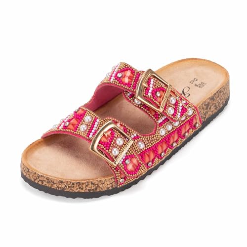 JOMIX Clogs Damen Pantoletten Sommer Sandalen mit Perlen Bequeme Kork Sommerschuhe Verstellbarer Schnalle Strandsandalen (Fuchsia, 36EU, WCF250215) von JOMIX