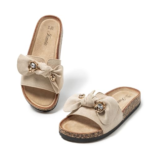 JOMIX Clogs Damen Pantoletten Sommer Sandalen mit Strass Fliege Strand Sandaletten Bequem Kork Strandsandalen Sommerschuhe (Beige, 39EU, WCF250256) von JOMIX
