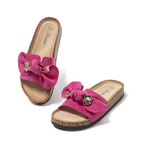 JOMIX Clogs Damen Pantoletten Sommer Sandalen mit Strass Fliege Strand Sandaletten Bequem Kork Strandsandalen Sommerschuhe (Fuchsia, 37EU, WCF250256) von JOMIX