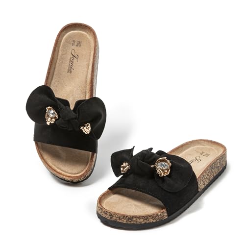 JOMIX Clogs Damen Pantoletten Sommer Sandalen mit Strass Fliege Strand Sandaletten Bequem Kork Strandsandalen Sommerschuhe (Schwarz, 39EU, WCF250256) von JOMIX