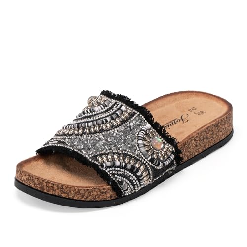 JOMIX Clogs Damen Pantoletten mit Strass Perlen Sandalen Glitzer Strandsandalen Bohemia Sommerschuhe Kork Sandaletten (Schwarz, 40EU, WCF250324) von JOMIX