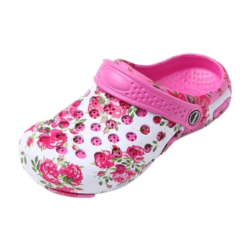 JOMIX Clogs Damen Sommer Pantoletten Blumen Gartenschuhe mit Fußbett Bunte Sandalen Weiche Anatomische Gummi Hausschuhe (Fuchsia, 36EU, SD8081) von JOMIX