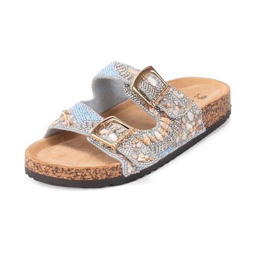 JOMIX Clogs Damen Sommer Sandalen Muscheln Kork Pantoletten Bohemia Sommerschuhe mit Strass Perlen Strandsandalen Verstellbarer Schnalle Sandaletten (Blau, 39EU, WCF250217) von JOMIX