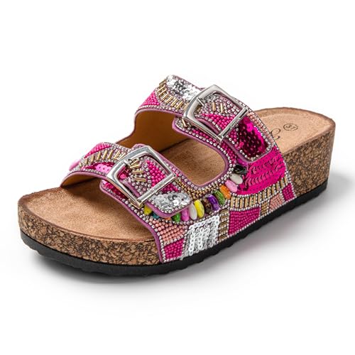 JOMIX Clogs Damen Sommer Sandalen mit Strass Frauen Bohemian Sandals Freizeit Strand Sandalette Plateau Clogs (Rose, 39 EU, SD9182) von JOMIX