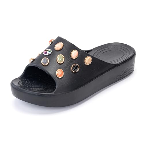 JOMIX Damen Badeschuhe Sommer Bunte Badeschlappen mit Perlen Badelatschen EVA Schlappen Strand Sandalen (WES250505, Schwarz, 39EU) von JOMIX