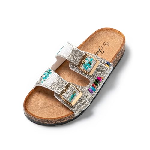 JOMIX Pantoletten Damen Sommer Sandalen mit Kork Fußbett Elegant Flach Hausschuhe Weiche Verstellbaren Riemen Glitzer Kristall Meer Strand Slides (Weiß, 39 EU) von JOMIX