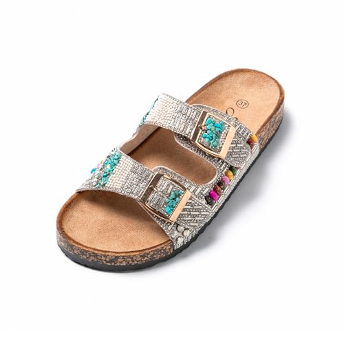 JOMIX Pantoletten Damen Sommer Sandalen mit Kork Fußbett Elegant Flach Hausschuhe Weiche Verstellbaren Riemen Glitzer Kristall Meer Strand Slides (Beige, 38 EU) von JOMIX