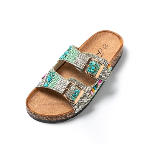 JOMIX Pantoletten Damen Sommer Sandalen mit Kork Fußbett Elegant Flach Hausschuhe Weiche Verstellbaren Riemen Glitzer Kristall Meer Strand Slides (Grün, 37 EU) von JOMIX