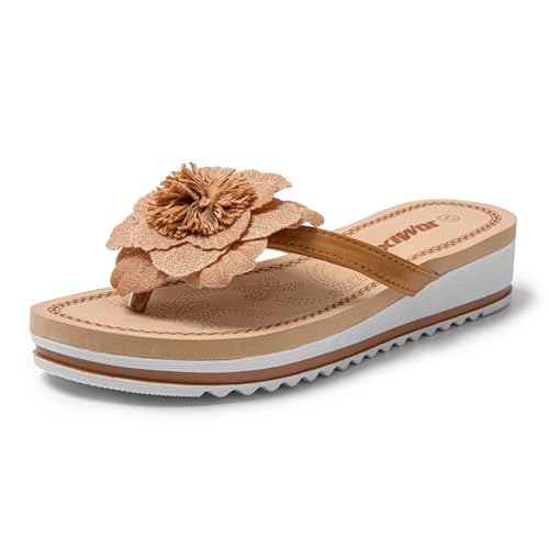 JOMIX Damen Zehentrenner Blumen Flach Flip Flops Sommer Schwimmbad Strand Komfort Strand Plattform Sandalen Badelatschen Rutschfeste Badeschuhe 39 (Braun, 39 EU, SD9332) von JOMIX