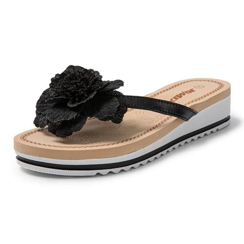 JOMIX Flip Flops Damen Hausschuhe Badeschuhe Pantoffeln Badeschlappen Strand Damen-Zehentrenner Blumen Strandschuhe (Schwarz, 38 EU, SD9332) von JOMIX