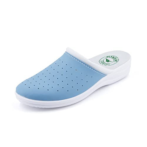 JOMIX Damen Clogs Pantoletten Berufsschuhe Kochschuhe Bequeme Sanitär-Clogs Medizinische Gartenschuhe Leder Fußbett (01 Himmelblau, 36 EU) von JOMIX